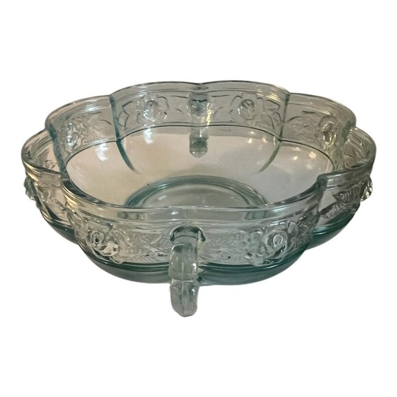 Vtg  Jeannette Aztec Blue Glass Rose Handled Candy Dish Scalloped Pedestal 6.5" - Picture 2 of 6